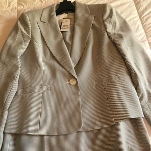 Gray and white seersucker skirt suit
